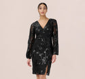 V-neck Cocktail Short Sheath Beaded Sheer Back Zipper Mesh Bishop Sleeves Sheath Dress/Little Black Dress