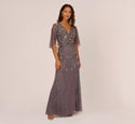 V-neck Beaded Sheer Sequined Fitted Mesh Floral Print Polyester Evening Dress