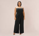 Plus Size Cap Sleeves Bateau Neck Back Zipper Draped Mesh Illusion Jumpsuit With Pearls