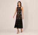 Sleeveless Tea Length Floral Print Full-Skirt Embroidered Beaded Sequined Fitted Back Zipper Dress