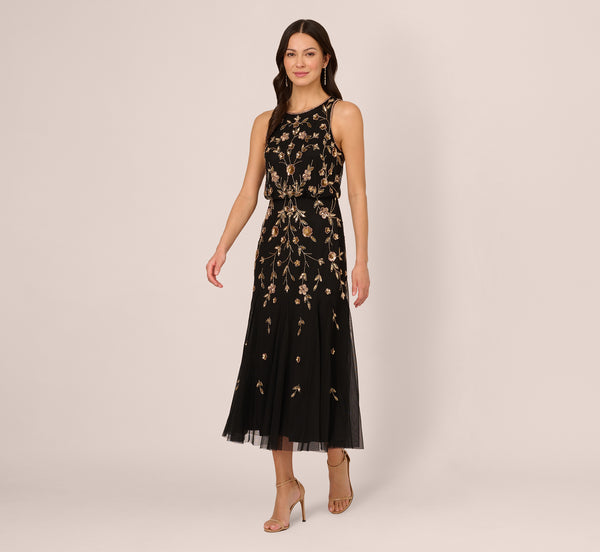 Tea Length Fitted Beaded Sequined Back Zipper Embroidered Floral Print Sleeveless Full-Skirt Dress