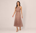 Sleeveless Tea Length Full-Skirt Floral Print Embroidered Beaded Fitted Back Zipper Sequined Dress