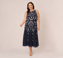 Plus Size Floral Print Full-Skirt Beaded Fitted Sequined Embroidered Back Zipper Tea Length Sleeveless Dress