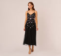 Tall V-neck Ankle Length Floral Print Sleeveless Spaghetti Strap Metallic V Back Beaded Fitted Sequined Mesh Dress