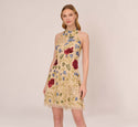 Trapeze Shift Halter Mock Neck Mesh Open-Back Beaded Sequined Cocktail Floral Print Dress