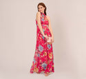 Chiffon Floral Print Sheer Cutout Pleated Illusion Back Zipper Collared Halter Mock Neck Sweetheart Dress