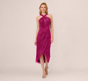 Tall Halter Pleated Wrap Crinkled Keyhole Sleeveless Evening Dress/Midi Dress