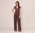 Metallic Crinkle Wide Leg Jumpsuit With Short Sleeves In Plum