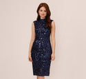 Sequined Sheath Cocktail Sleeveless Mock Neck Lace Sheath Dress/Midi Dress