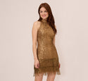 Sheath Halter Mock Neck Frill Trim Mesh Beaded Sequined Sheath Dress