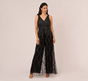 Beaded Wide Leg Jumpsuit With Georgette Overlay In Black