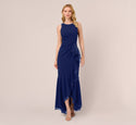 High-Low-Hem Back Zipper Keyhole Button Closure Draped Crew Neck Halter Evening Dress