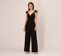 Crepe Wide Leg Jumpsuit With Bead And Feather Accents In Black