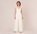 Crepe Wide Leg Jumpsuit With Bead And Feather Accents In Ivory
