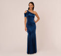 Fitted Side Zipper Draped Vintage Mermaid Velvet Dropped Waistline One Shoulder Evening Dress