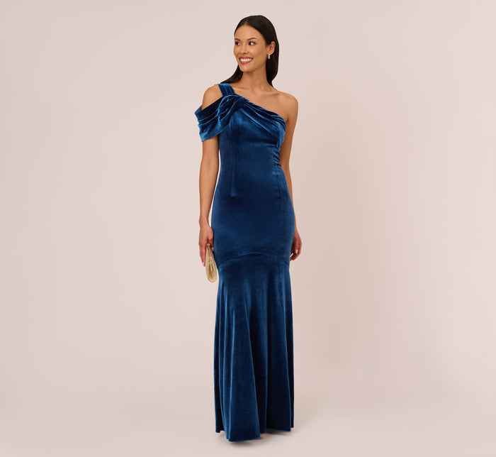 One Shoulder Beaded Column Gown With Draped Sleeve In Blue Horizon