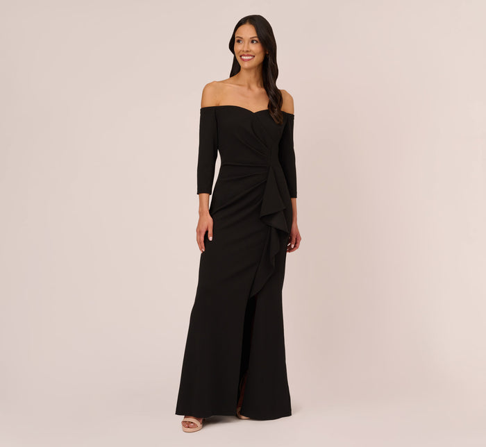 Stretch Crepe Off The Shoulder Gown With Sequin Bows In Black