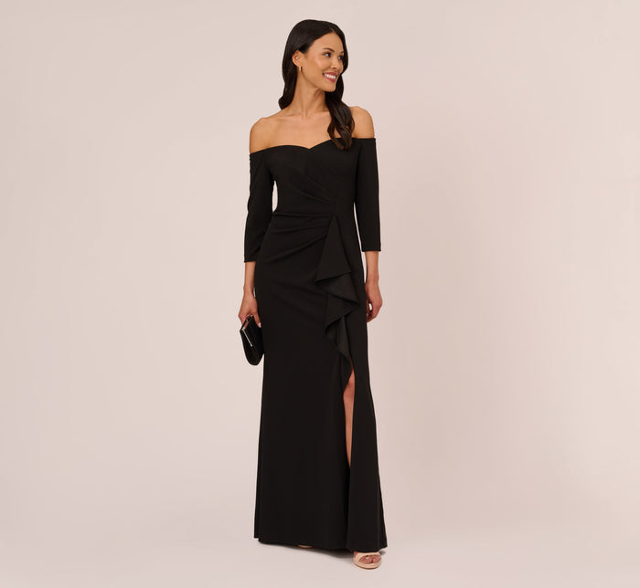 Stretch Crepe Off The Shoulder Gown With Sequin Bows In Black
