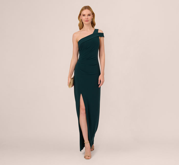 Satin Crepe One Shoulder Gown With Metal Ring Accent In Deep Forest