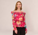 Rosette Print Off The Shoulder Top With Sheer Long Sleeves In Pink Multi