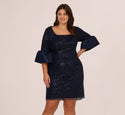 Plus Size Sequined Embroidered Bell Sleeves Cocktail Square Neck Sheath Sheath Dress/Party Dress
