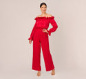 Satin Crepe Blouson Jumpsuit With Rosette Trim In Hot Ruby