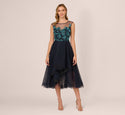 Cap Sleeves Cocktail High-Low-Hem Embroidered Sequined Fitted Illusion Beaded Tulle Bateau Neck Floral Print Midi Dress