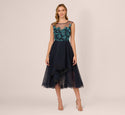 Floral Print Illusion Embroidered Sequined Fitted Beaded Tulle Cap Sleeves Cocktail High-Low-Hem Bateau Neck Midi Dress