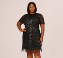 Plus Size Crew Neck Sheer Short Sleeves Elbow Length Sleeves Beaded Sequined Mesh Sheer Back Zipper Fitted Cocktail Party Dress
