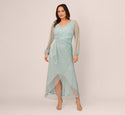 Tall Plus Size V-neck High-Low-Hem Draped Sheer Mesh Crinkled Faux Wrap Ruched Bishop Long Sleeves Dress