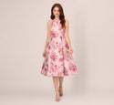 Floral Print Pleated Fitted Jacquard Back Zipper Fit-and-Flare Bateau Neck Full-Skirt Cocktail Midi Dress