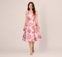 Bateau Neck Fit-and-Flare Floral Print Full-Skirt Fitted Jacquard Pleated Back Zipper Cocktail Midi Dress