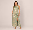 Plus Size Foil Printed Asymmetric Gown With Ruffled Detail In Sage Gold