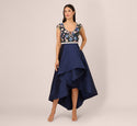 V-neck Taffeta High-Low-Hem Fitted Sheer Flower(s) Sequined Pocketed Beaded Trim Cap Sleeves Ball Gown Evening Dress