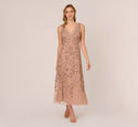 V-neck Sleeveless Ankle Length Sheer Beaded Sequined Floral Print Dress