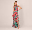 Floral Printed Halter Mermaid Gown With Ruffle Details In Turquoise Multi
