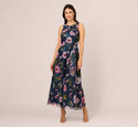 Sleeveless Floral Organza Jumpsuit With Cropped Wide Legs In Navy Multi