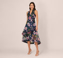 V-neck High-Low-Hem Sleeveless Collared Halter Organza Floral Print Midi Dress With Ruffles