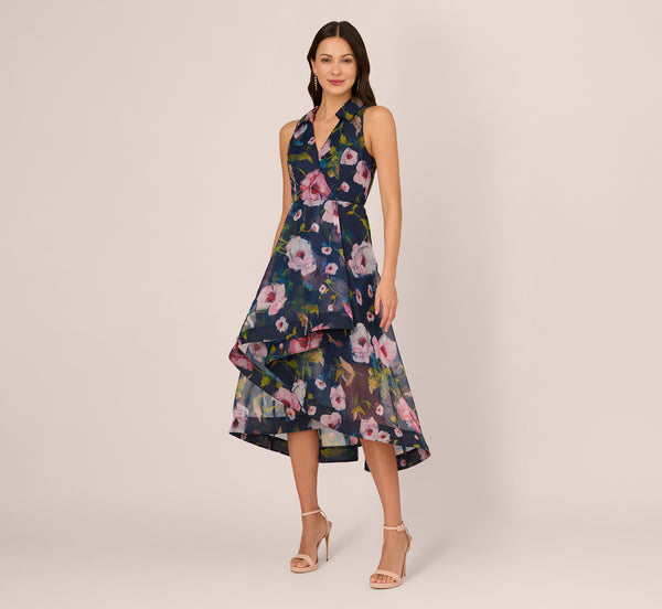 V-neck High-Low-Hem Floral Print Organza Collared Halter Sleeveless Midi Dress With Ruffles