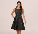 Taffeta Fitted Pocketed Beaded Back Zipper V Back Bateau Neck Fit-and-Flare Sleeveless Cocktail Midi Dress With Pearls