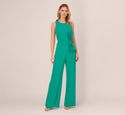 Wide Leg Crepe Jumpsuit With Bow Accent In Botanic Green
