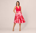 Sleeveless Midi Dress With Floral Printed Mikado Skirt In Pink Red Multi