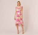 Floral Print Square Neck Sleeveless Tank Ruffle Trim Fitted Hidden Back Zipper Evening Dress/Party Dress/Midi Dress