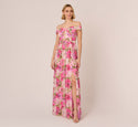 Off the Shoulder Floral Print Hidden Back Zipper Slit Pleated Chiffon Dress