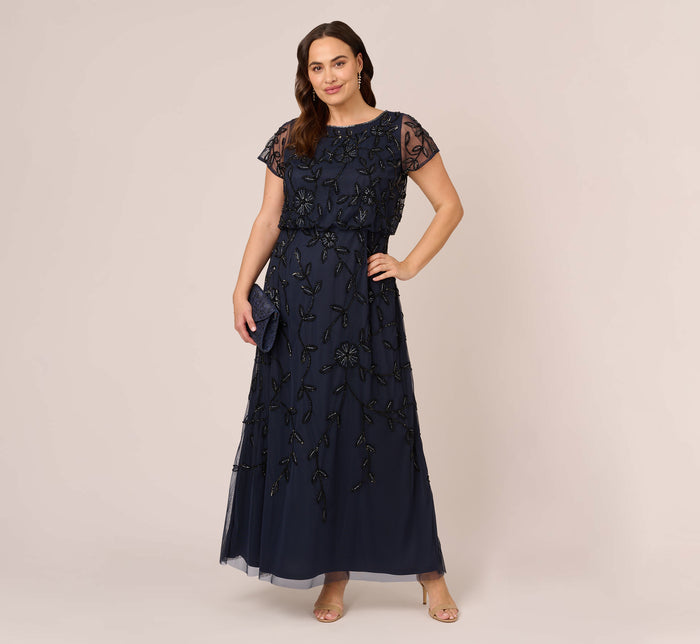 Plus Size Short Sleeve Blouson Beaded Gown In Navy Adrianna Papell