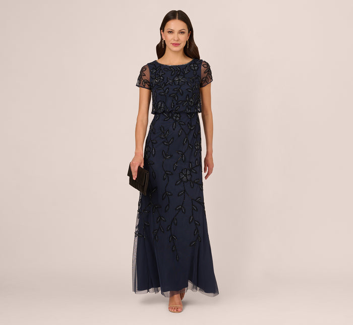 Floral Beaded Dress With Sheer Long Sleeves In Midnight | Adrianna