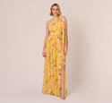 Floral Print One Shoulder Vintage Self Tie Fitted Slit Chiffon Evening Dress With a Bow(s)