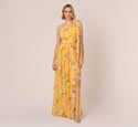 Fitted Vintage Self Tie Slit One Shoulder Chiffon Floral Print Evening Dress With a Bow(s)