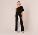 Flutter One Shoulder Colorblock Jumpsuit With Wide Legs In Black Ivory