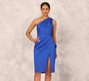 One Shoulder Cocktail Crepe Draped Pleated Slit Party Dress